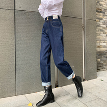 High-waisted jeans womens straight tube loose 2021 spring and autumn clothes new old pants primary color thin Haren pants trousers