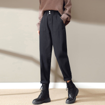 Black jeans women loose and velvet thickened high waist slim autumn and winter cotton pants small straight radish father pants