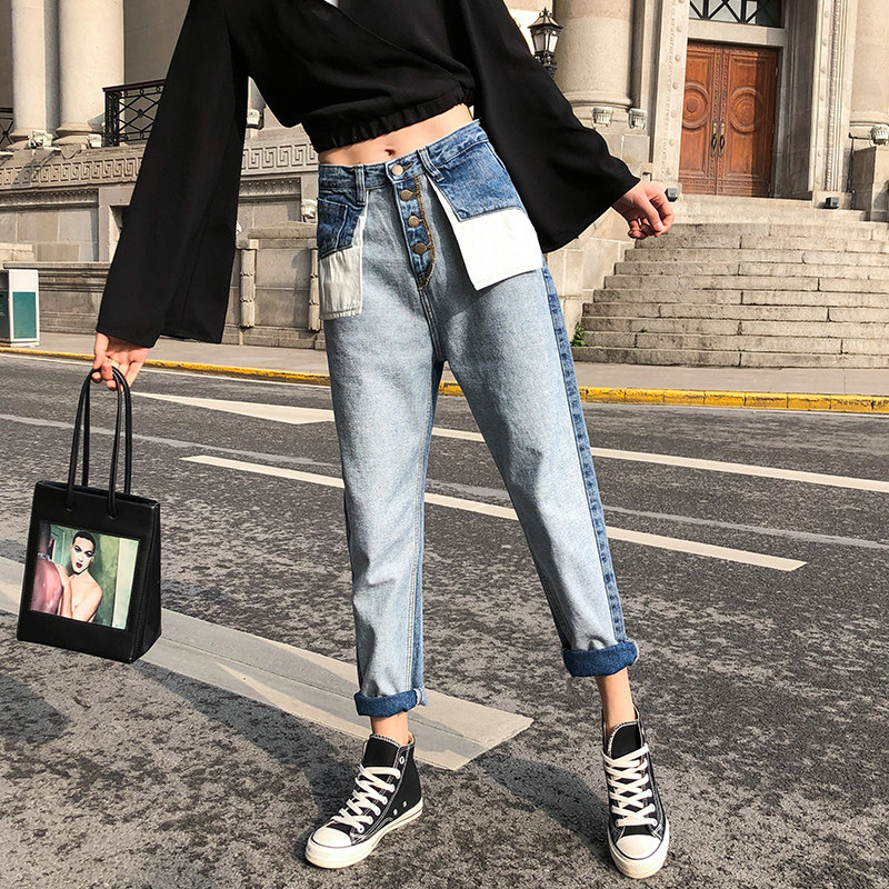 women's patchwork jeans spring autumn 2022 new ins trendy high waist slim high loose straight daddy pants