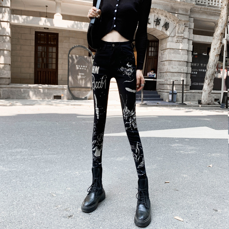 Gush jeans Women's Supper Slim European Station Fashion Graffiti Pencil Pants Autumn Winter Printed Little Feet of Pants Pants