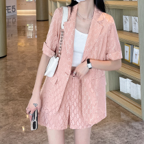 Pink Ice Silk Suit Jacket Woman Summer Thin HIGH-END TEMPERAMENT NAME YUAN CASUAL JACQUARD SHORT SLEEVE TWO-PIECE SUIT WOMAN