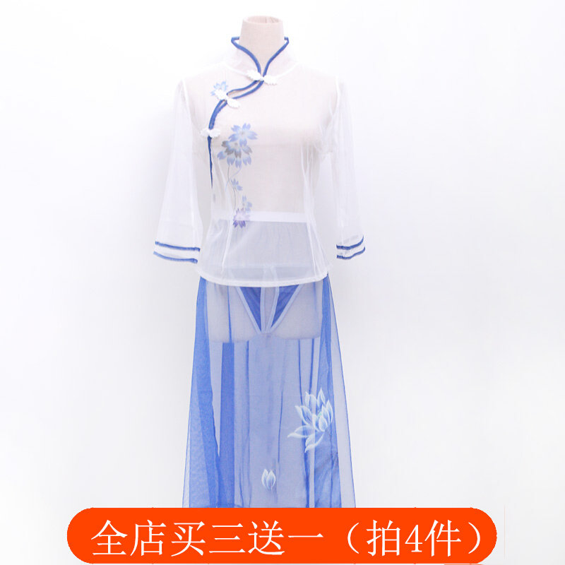 (Eggshell Lab) Qinghua Republic of China Breeze Qipao Pyjamas Pyjamas and Semi-permeable Girl Snap Sleeping Dress Transparent