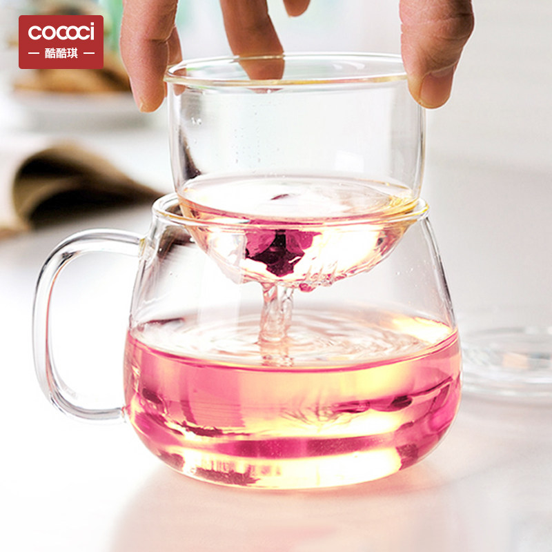 COCOCI glass flower tea cup thickened with lid transparent tea tea heat resistant high boron silicon tea water separation office water cup female