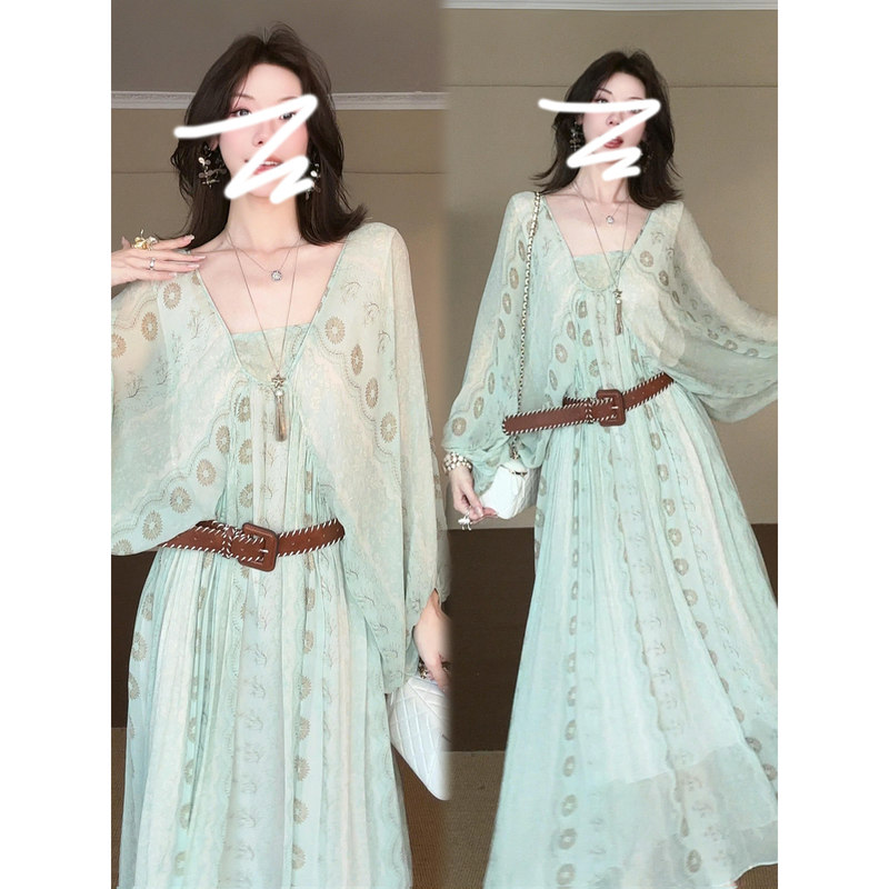 V-Neck Green Shirt Lantern Sleeve Dress for Women 2026 New Style Very Pretty Printed Travel Outfit Loose Long Dress