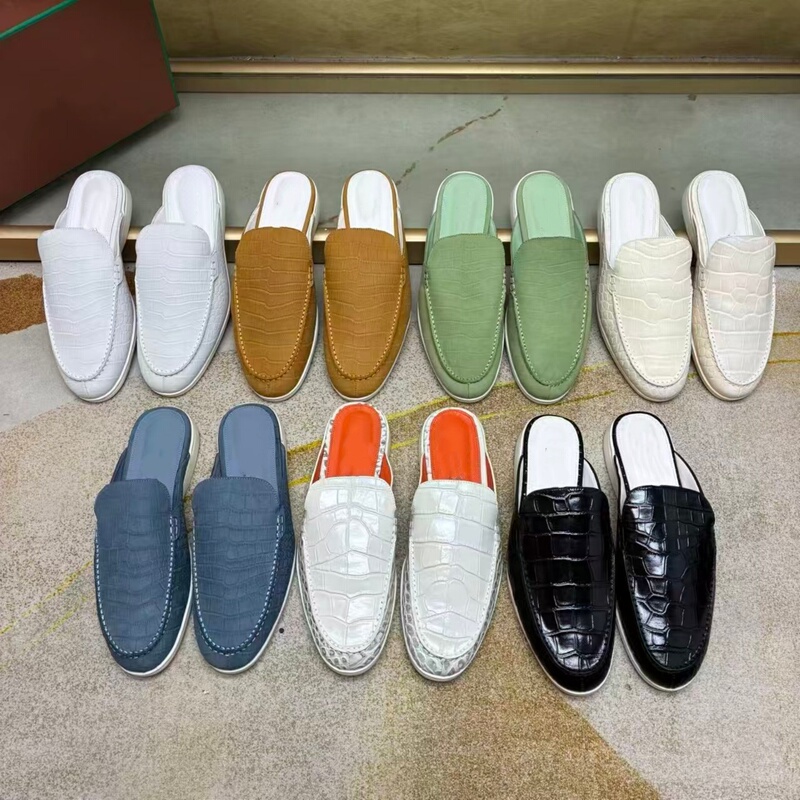 2026 New Crocodile Pattern Cowhide Unisex Slip-On Mules with Suede Flat Soles