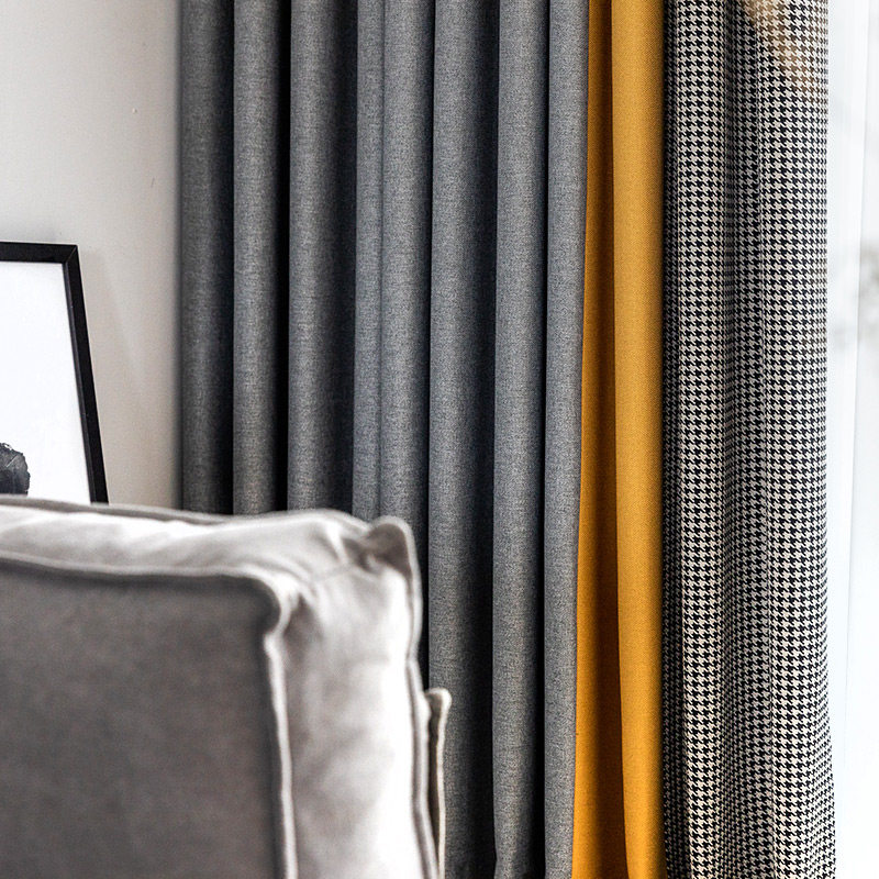 Modern simple light luxury living room curtains solid color stitching black and white houndstooth Nordic style curtains atmospheric shading