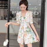 Шифоновый летний комбинезон, приталенный корсет, короткий рукав, V-образный вырез, коллекция 2021, в корейском стиле, подходит для подростков