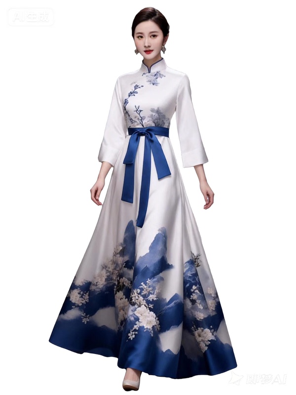Chinese-Style Women's Clothing, Chinese-Style White and Blue Landscape Painting Tie-Up Dress with Coat, Women's Autumn and Winter 2024 New Style