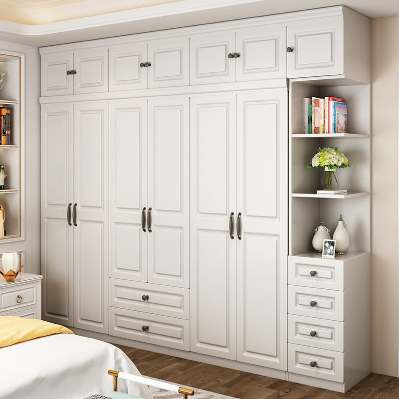 Wardrobe simple modern economy assembly bedroom European-style solid wood panel cabinet four doors five doors six doors wardrobe