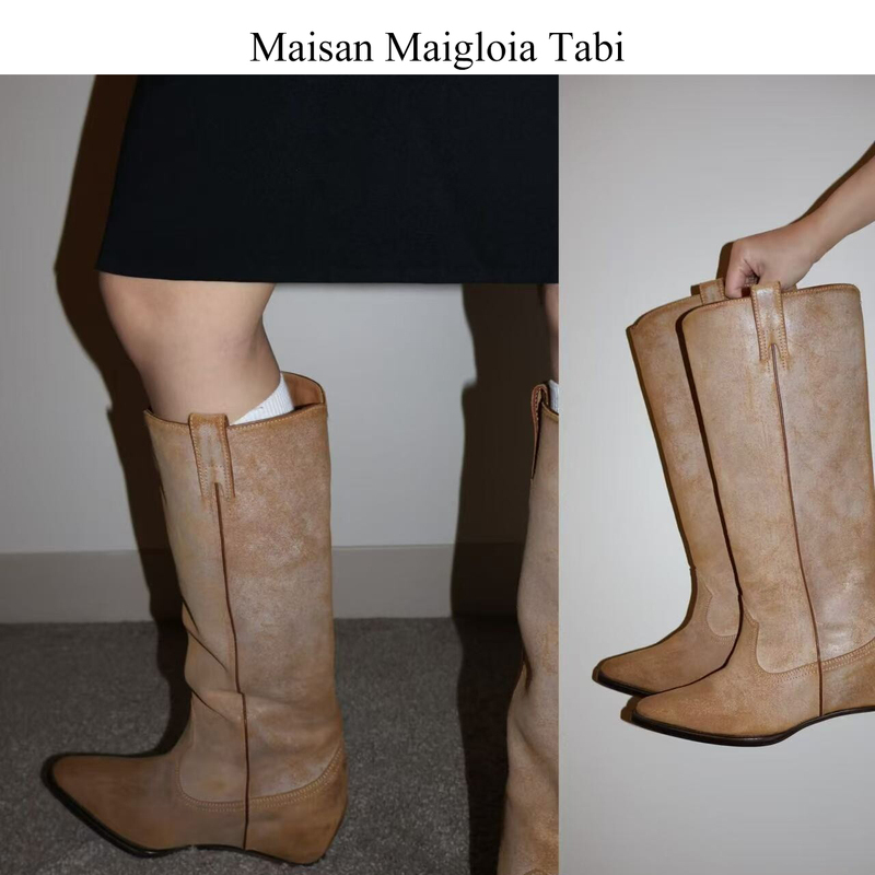 Maisan Maigloia Tabi Apricot-Colored Long Boots with Hidden Height Increase, Pointed Toe, Vintage Boots, Mid-Century Style Western Boots Maisan Maigloia Tabi Apricot-Colored Long Boots with Hidden Height Increase, Pointed Toe, Vintage Boots, Mid-Century Style Western Boots