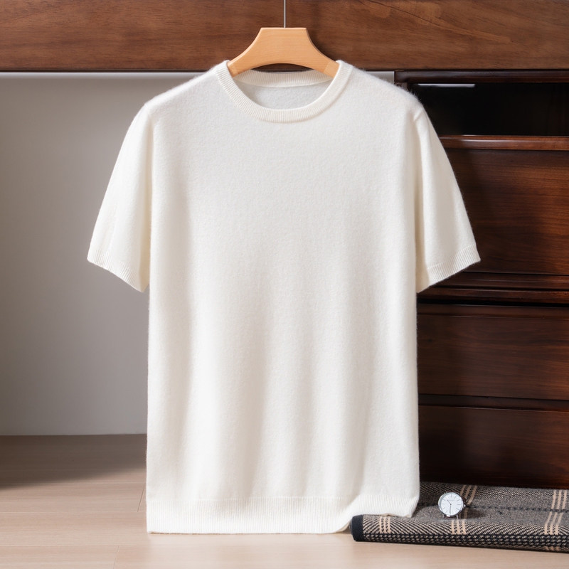 Luxurious Round-Neck 100% Pure Cashmere Short-Sleeve T-Shirt Pullover Knitwear Warm Base Layer Half-Sleeve Sweater for Men
