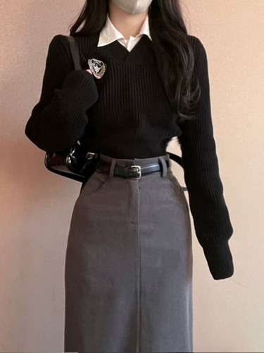 Демисезонная сверхдлинная длинная юбка, лонгслив, свитер, рубашка, комплект, с акцентом на бедрах, свободный прямой крой, А-силуэт, по фигуре