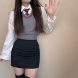 Однотонная юбка, жилет, рубашка, комплект, в корейском стиле, 3 предмета, с акцентом на бедрах