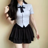 Корейская рубашка, юбка, корсет, нарукавники, комплект, с акцентом на бедрах