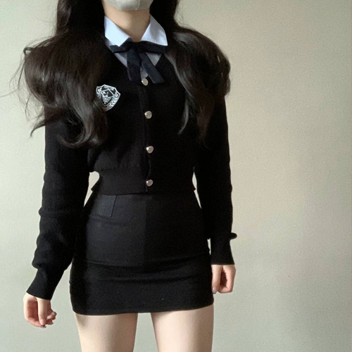 Кардиган, рубашка, мини-юбка, комплект, приталенный свитер, корсет, 3 предмета