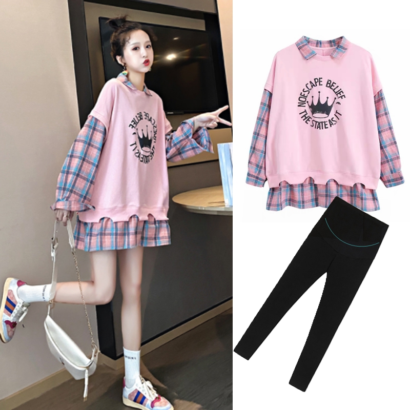 Pregnant women's autumn suit 2021 net red long sleeve thick cotton T spring and autumn stitching fake two-piece jacket foreign pie two-piece set