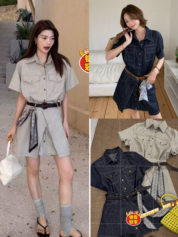 Korean-Style Casual Workwear Shirt Dress Set with Silk Scarf, Waist Belt, and Short Skirt, New Summer Model, Slimming and Fashionable