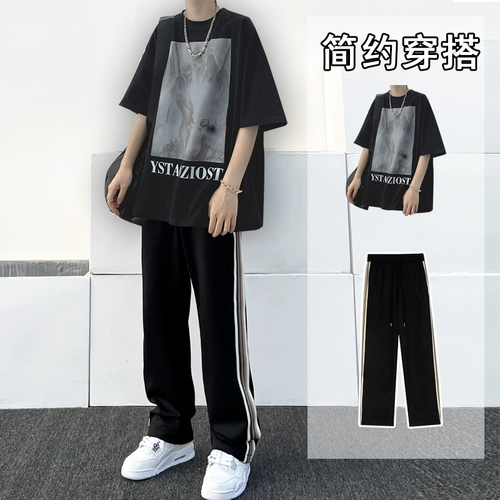 Летняя ретро футболка с коротким рукавом, комплект, оверсайз, в американском стиле