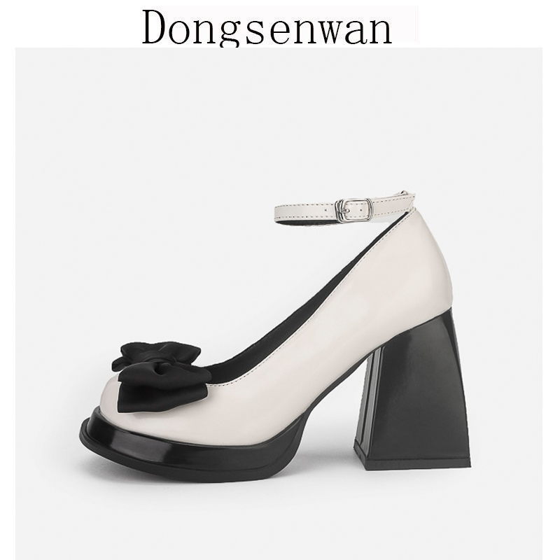 Retro thick white Mary Jane shoes round 2022 new butterfly bow high heels shoes and female shoes