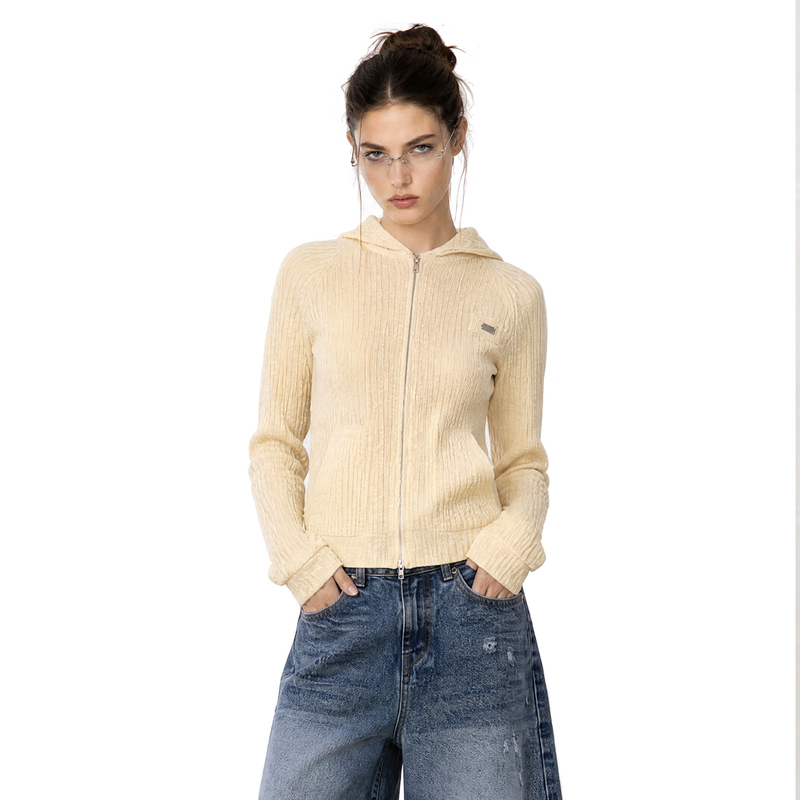 Pmw Korean-Style Gentle Ribbed Hooded Knit Jacket for Petite Figures, Slim Fit, Flattering, with Two-Way Zipper Outerwear Pmw Korean-Style Gentle Ribbed Hooded Knit Jacket for Petite Figures, Slim Fit, Flattering, with Two-Way Zipper Outerwear