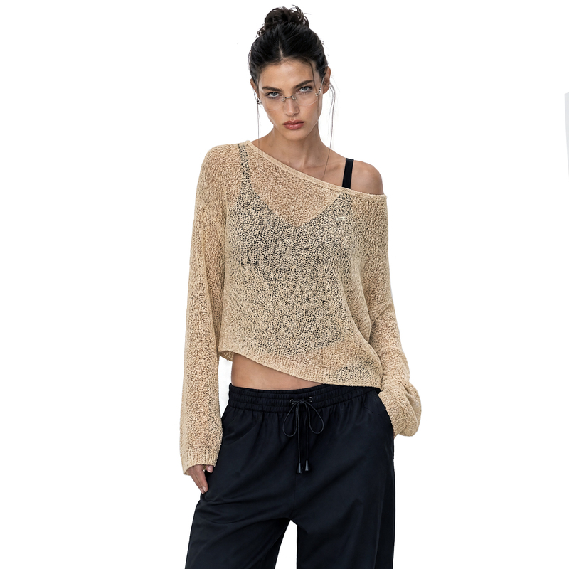 Pmw American-Style Lazy Off-Shoulder Hollow-Out Knit Sweater for Women, Loose-Fitting, Waist-Revealing, One-Shoulder Long-Sleeve Outerwear Top