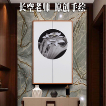 Hand-painted meticulant flower and bird painting porch living room bedroom hanging painting color New Chinese triple decorative painting cherry wood