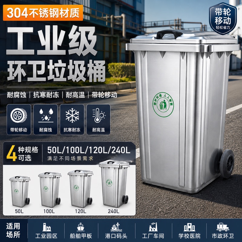 Outdoor Sanitation 240-Liter Stainless Steel 304 Trash Can, Large Commercial Trailer Classification, 120L Fire-Resistant Iron for Marine Use