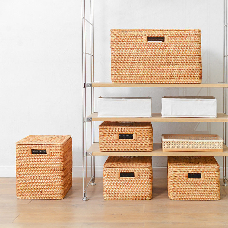 Rattan storage box documents sundries desktop coffee table square with lid storage finishing storage basket straw dirty clothes basket