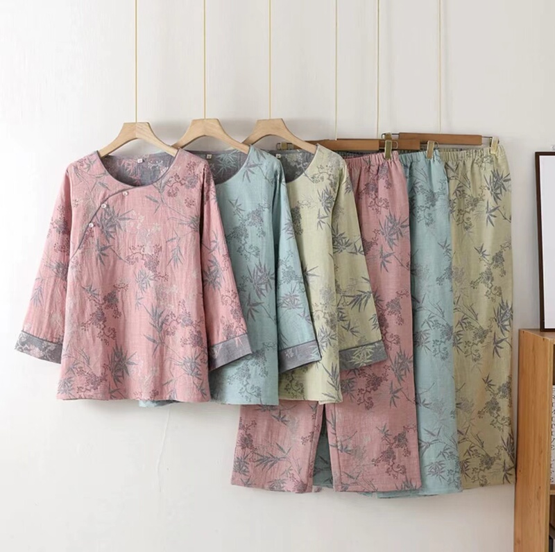[Clearance] Class a Pure Cotton Yarn-Dyed Jacquard Double-Layer Gauze Home Wear Women's Pajamas Retro Pure Cotton Sleepwear