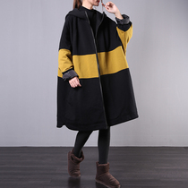  2019 winter new Korean loose large size medium-length literary contrast stitching plus cotton hooded cotton coat jacket female