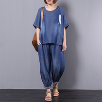  2019 summer new thin denim suit womens short-sleeved Korean loose large size washed denim blue casual two-piece suit