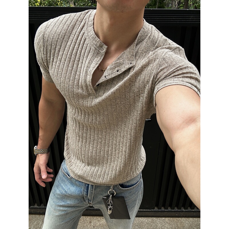 Old Money Style Henry Collar T-Shirt Short Sleeve Men's Summer Thin Breathable Casual Men's Top American Retro Henry Shirt