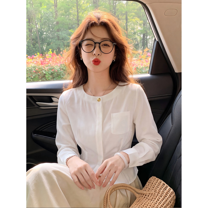 Round Neck Long-Sleeve Shirt for Women, Autumn Korean Style, Slim Fit, Regular Shoulder, Front Pocket, Waist Seam Design, Outerwear Top Round Neck Long-Sleeve Shirt for Women, Autumn Korean Style, Slim Fit, Regular Shoulder, Front Pocket, Waist Seam Design, Outerwear Top