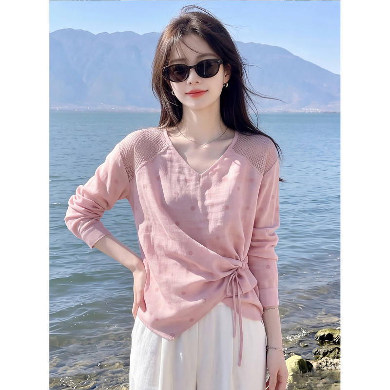 Pink Polka Dot V Neck Twist Tie Shirt for Women Autum Mesh Raglan Long Sleeve Asymmetrical Hem Work Clothing Shirt Pink Polka Dot V Neck Twist Tie Shirt for Women Autum Mesh Raglan Long Sleeve Asymmetrical Hem Work Clothing Shirt