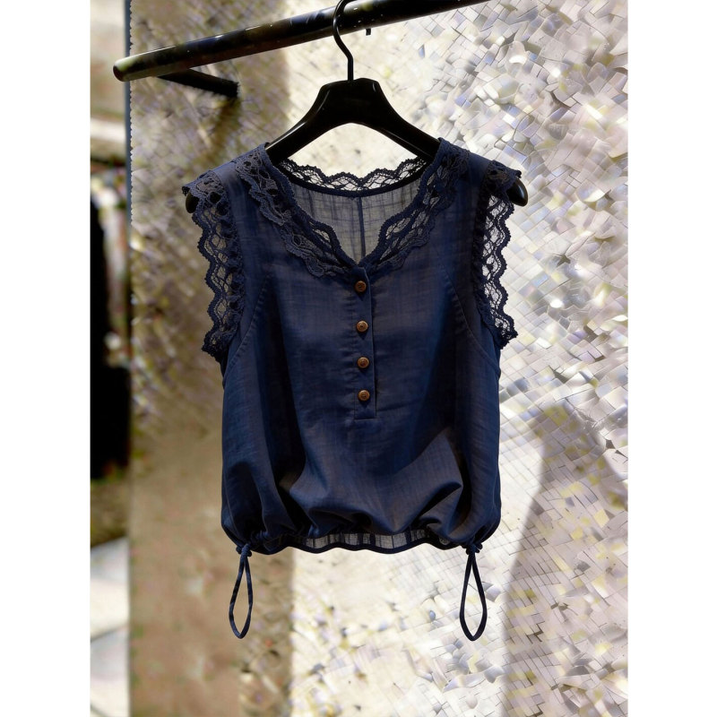 Navy Blue V-Neck Lace-Trimmed Sleeveless Shirt for Women, Summer Loose Fit, Flattering Hem with Drawstring, Short Stylish Top