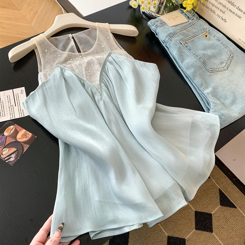 Sweet and Gentle Style Rhinestone Embellished Mesh Vest Top for Women, Summer Outerwear with a Super Stylish Design, Sleeveless Chiffon Shirt