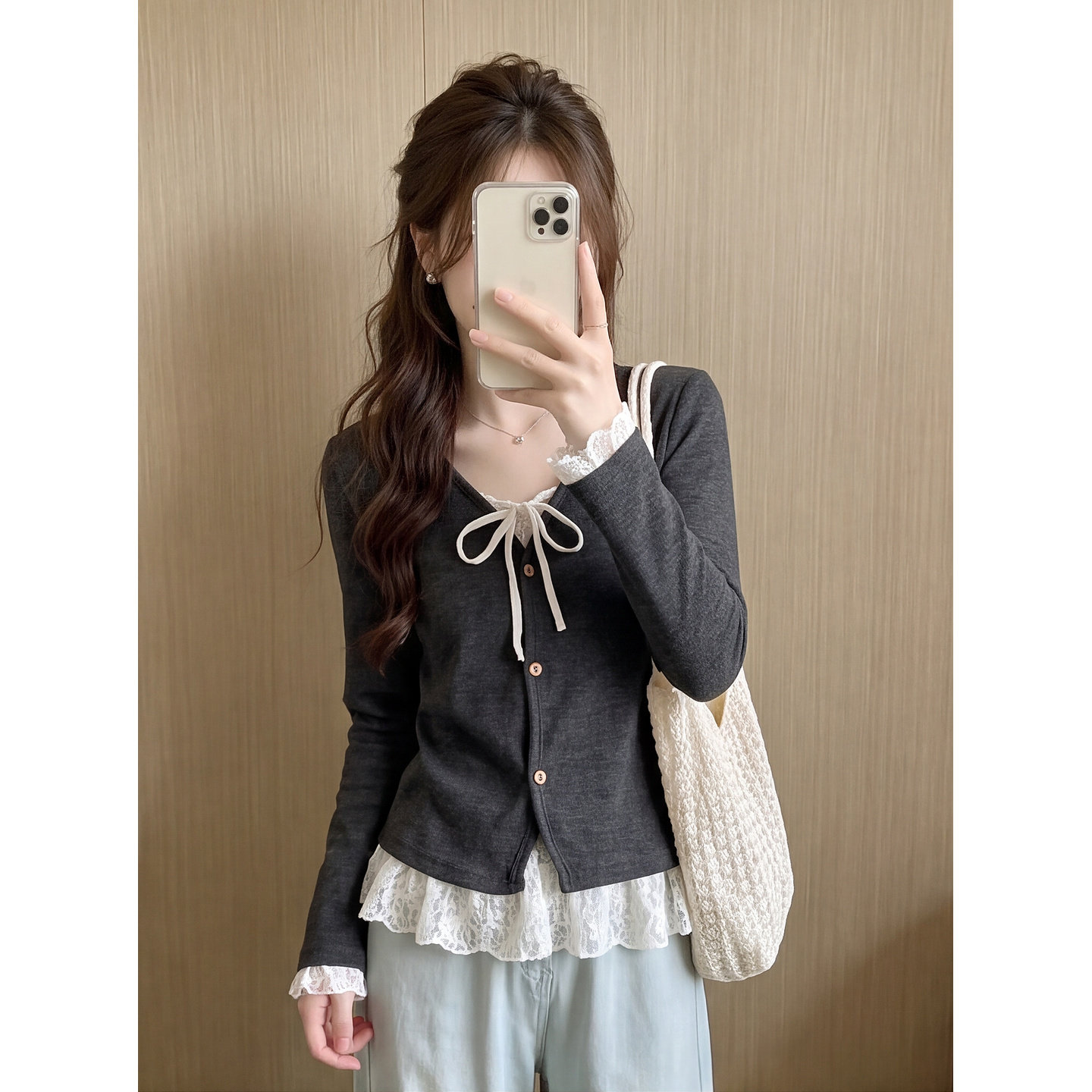 Korean style lace-trimmed faux two-piece long-sleeved knit top for women, autumn style, bow tie cardigan, sweet outerwear.