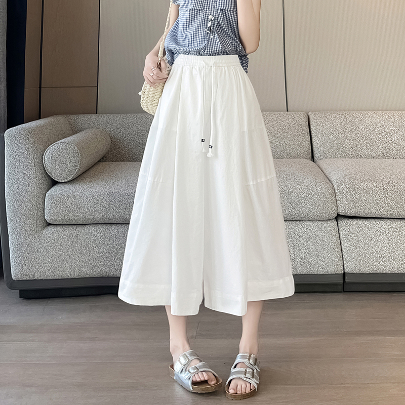 Off-White Cropped Wide-Leg Pants Skirt for Women, Summer Elastic Drawstring Tie Casual Pants, Loose Versatile Straight-Leg Sports Pants