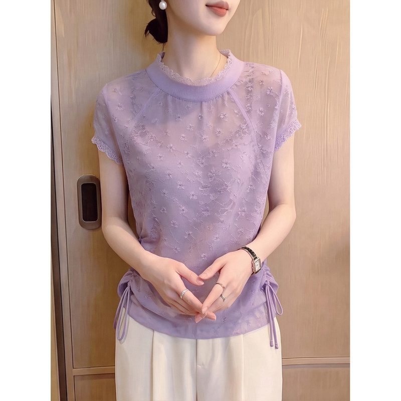 Gentle Floral Crochet Lace Short-Sleeve T-Shirt for Women, Summer Versatile Drawstring Waist-Cinching Slimming Top
