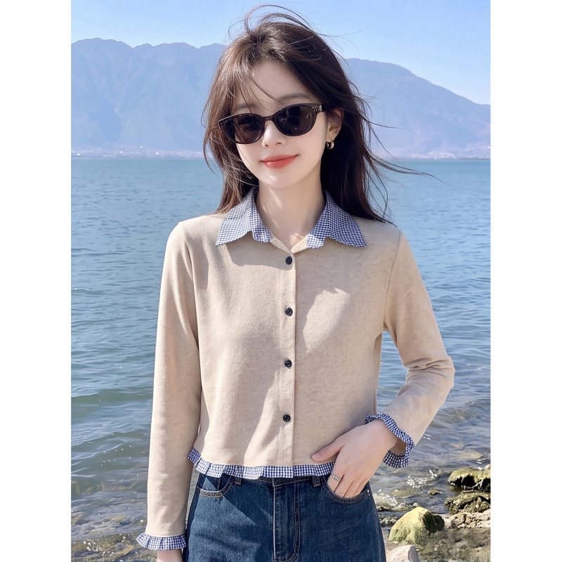 Plaid Patchwork Lapel Long-Sleeved T-Shirt for Women, Autumn Korean Style Slim Fit Lace Design Casual Short Shirt Top
