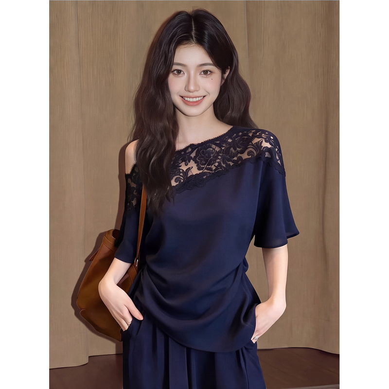 Navy Blue Lace Patchwork Off-Shoulder Short-Sleeve T-Shirt for Women, Summer Korean Style Loose Fit, Flattering Design, Versatile Casual Top