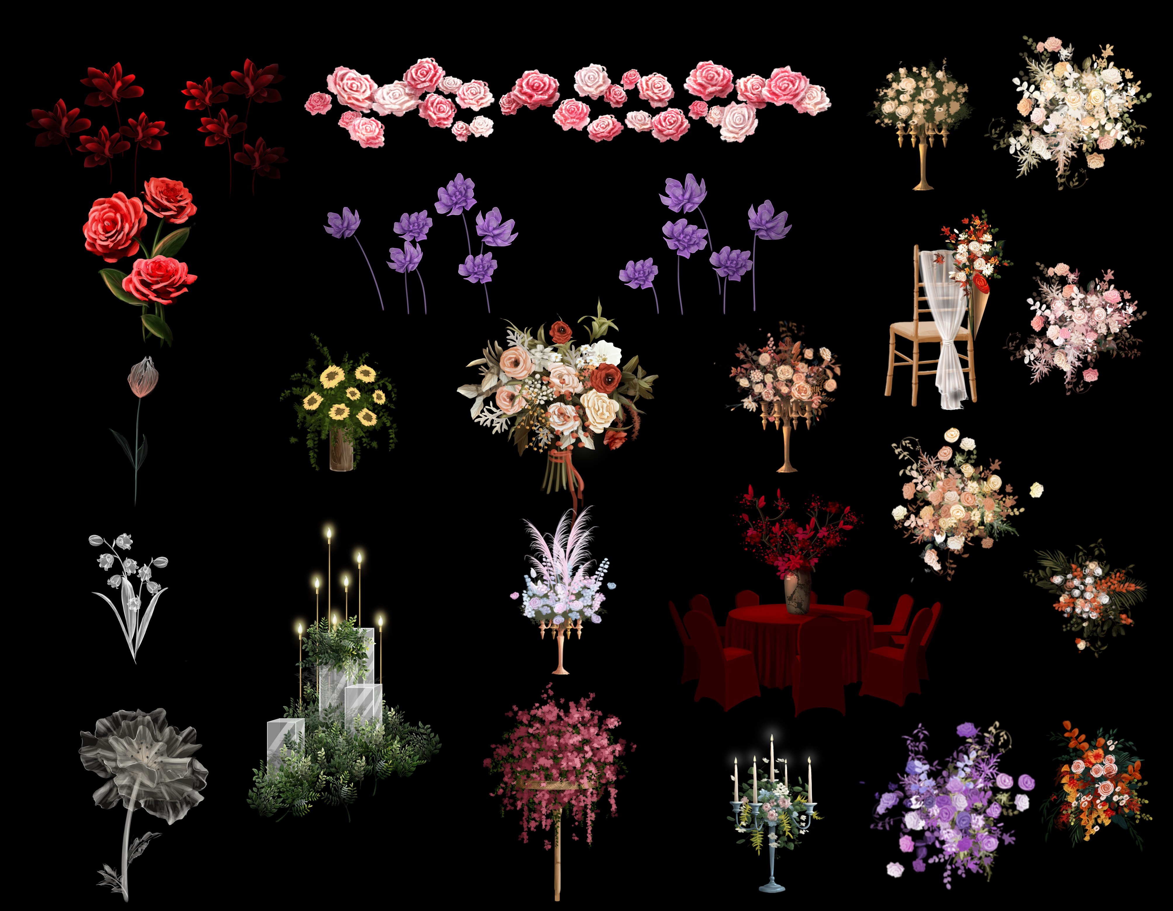 Wedding hand-painted material floral celebration props bouquet table flowers PSD layered source file 52 series of autumn colors