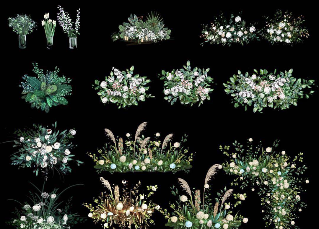 c1 wedding hand-painted material floral props fresh white green system hydroponic flower road lead PSD layered source file 8 groups