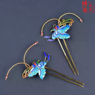 (Butterfly tentacles tremble)Ancient headdress Hanfu accessories Headdress Hair accessories burned blue handmade butterfly silver hairpin