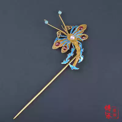 Imitation of the Qing Dynasty Forbidden City with silk inlaid headdress Hanfu accessories tired silk inlaid gemstone Dragonfly hairpin hairpin