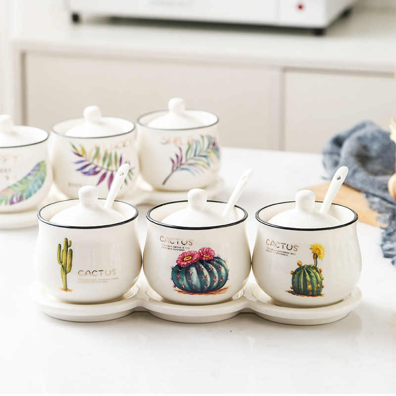 Ceramic spice jar box kitchen supplies salt jar household combination chili oil condiment bottle seasoning box three-piece set