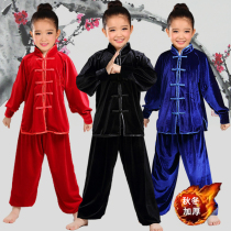 Childrens martial arts Thickened autumn and winter long sleeves male and female golden velvet practice Gongfu Performance Costume Plus Velvet Tai Chi Fu