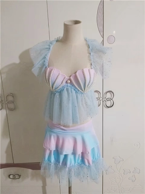 Váy lưới bèo nhún vỏ ngọc trai màu xanh hồng gradient bộ bikini bay tay áo tắm xẻ eo cao dễ thương - Bộ đồ bơi hai mảnh