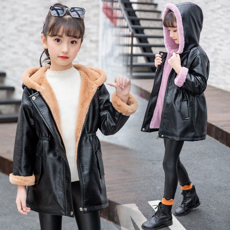 Girl's medium long version of leather clothes Winter new Korean version Fashion CUHK Thickened Wind Clothing Plus Suede Warm Mesh Infrared
