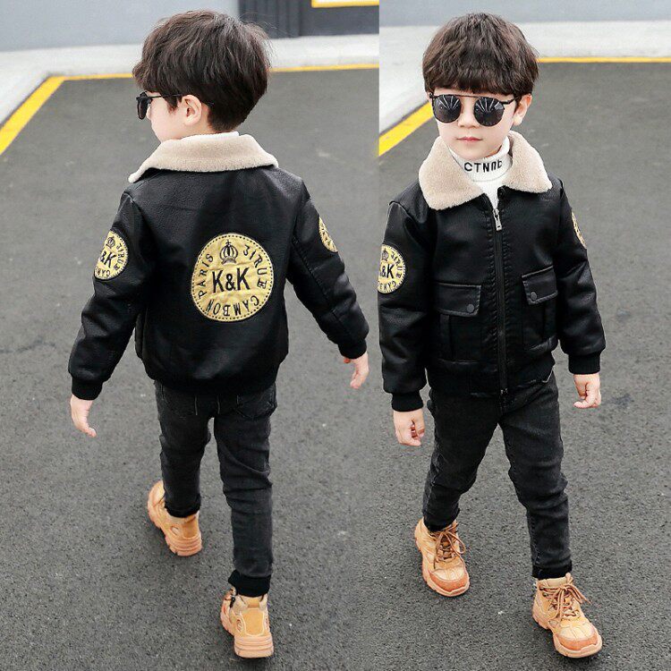 South Korea 2022 children's clothing new autumn and winter boys plus velvet leather baby Korean version of the hip-hop style stand collar net red jacket thick